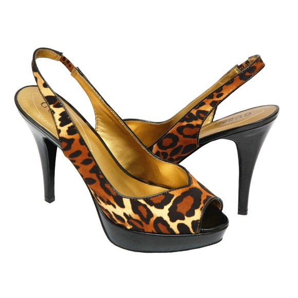 GUESS LAYNE 3 SLINGBACK PLATFORM PUMP LEOPARD 9.5 NEW - Picture 1 of 6